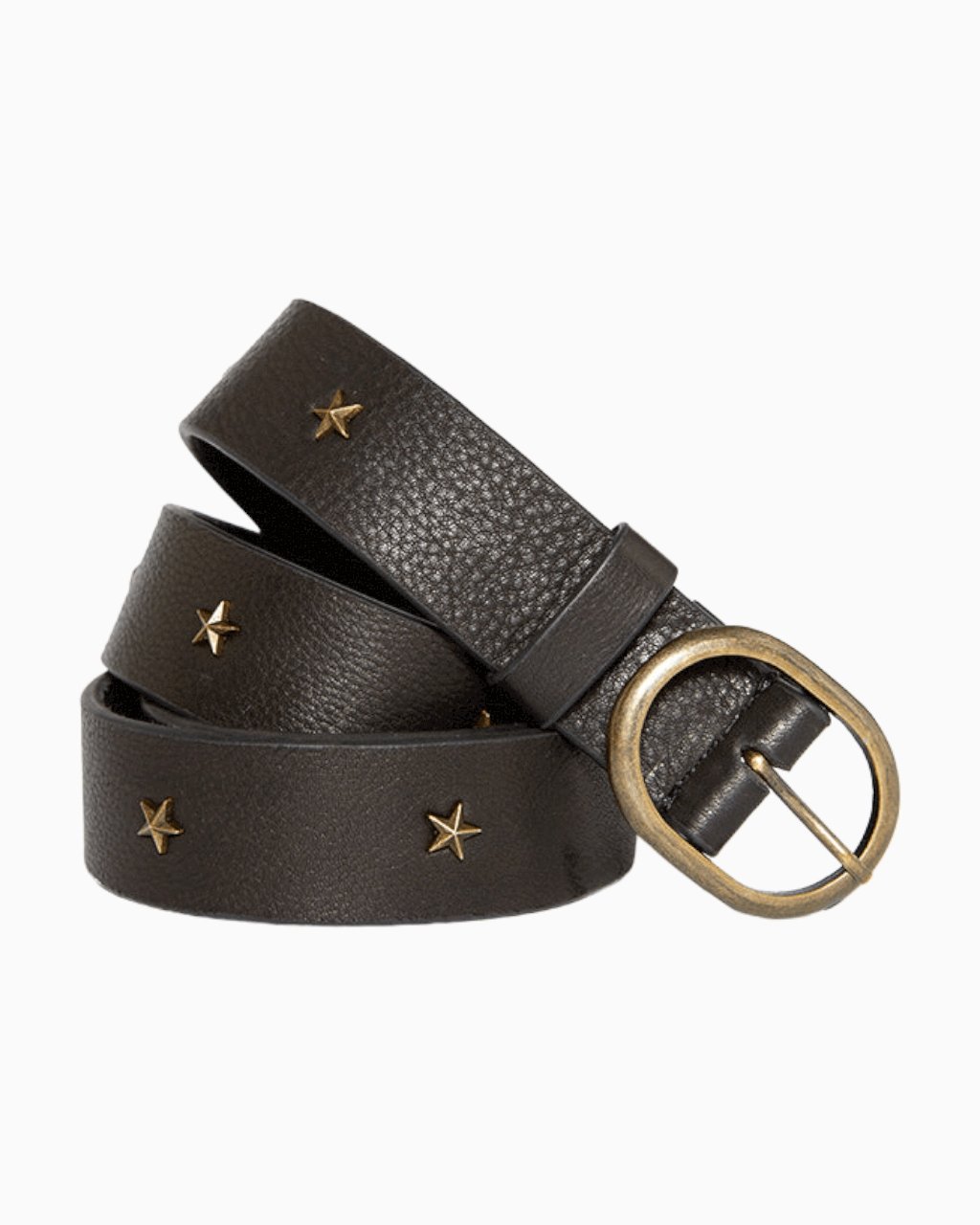 Five Jeans black leather belt with star-shaped studs and a bronze buckle.