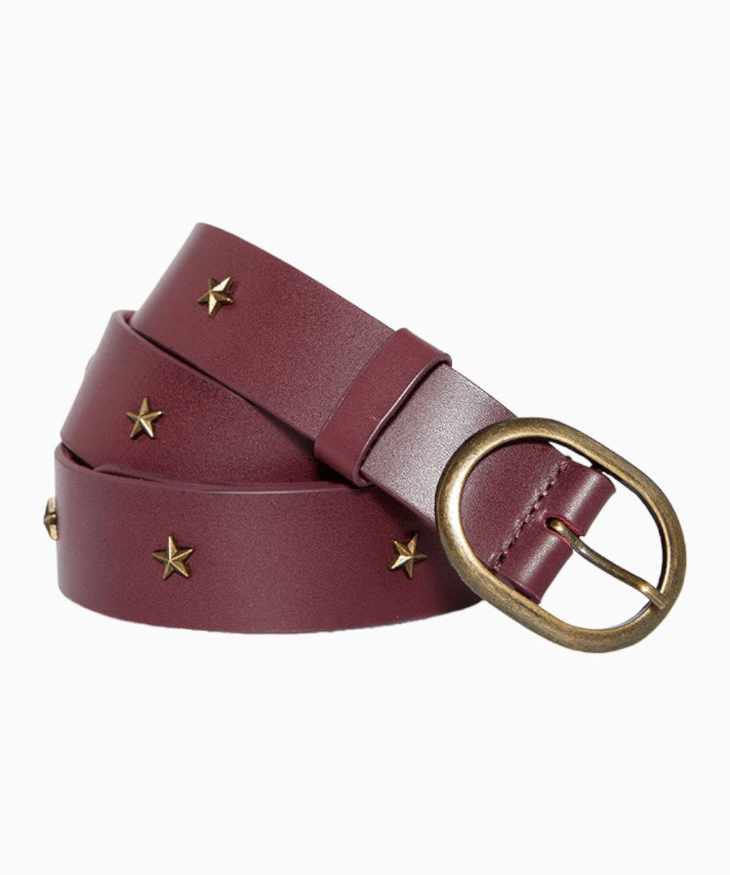 Five Jeans star studded leather belt in burgundy with a bronze buckle.