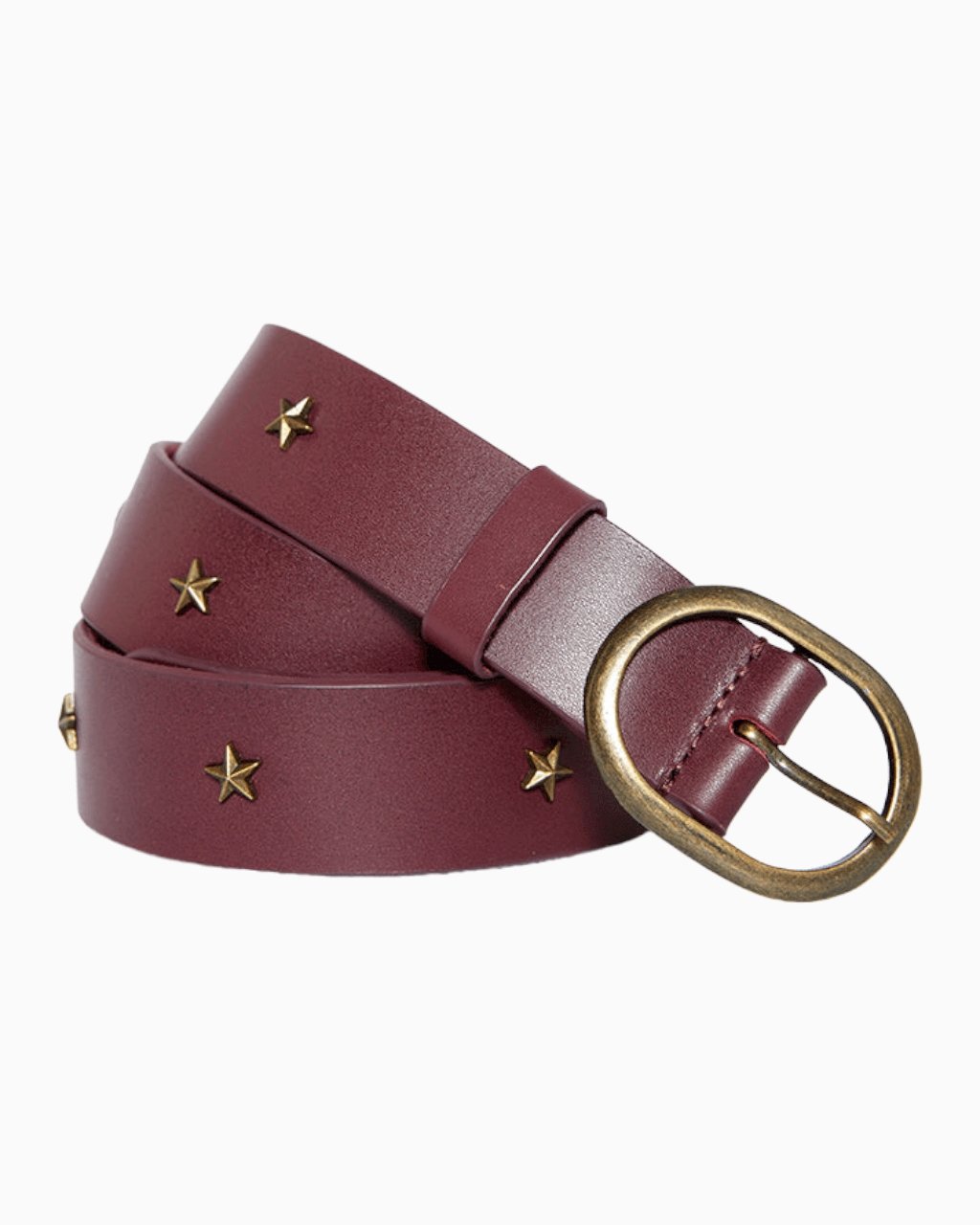 Five Jeans star studded leather belt in burgundy with a bronze buckle.