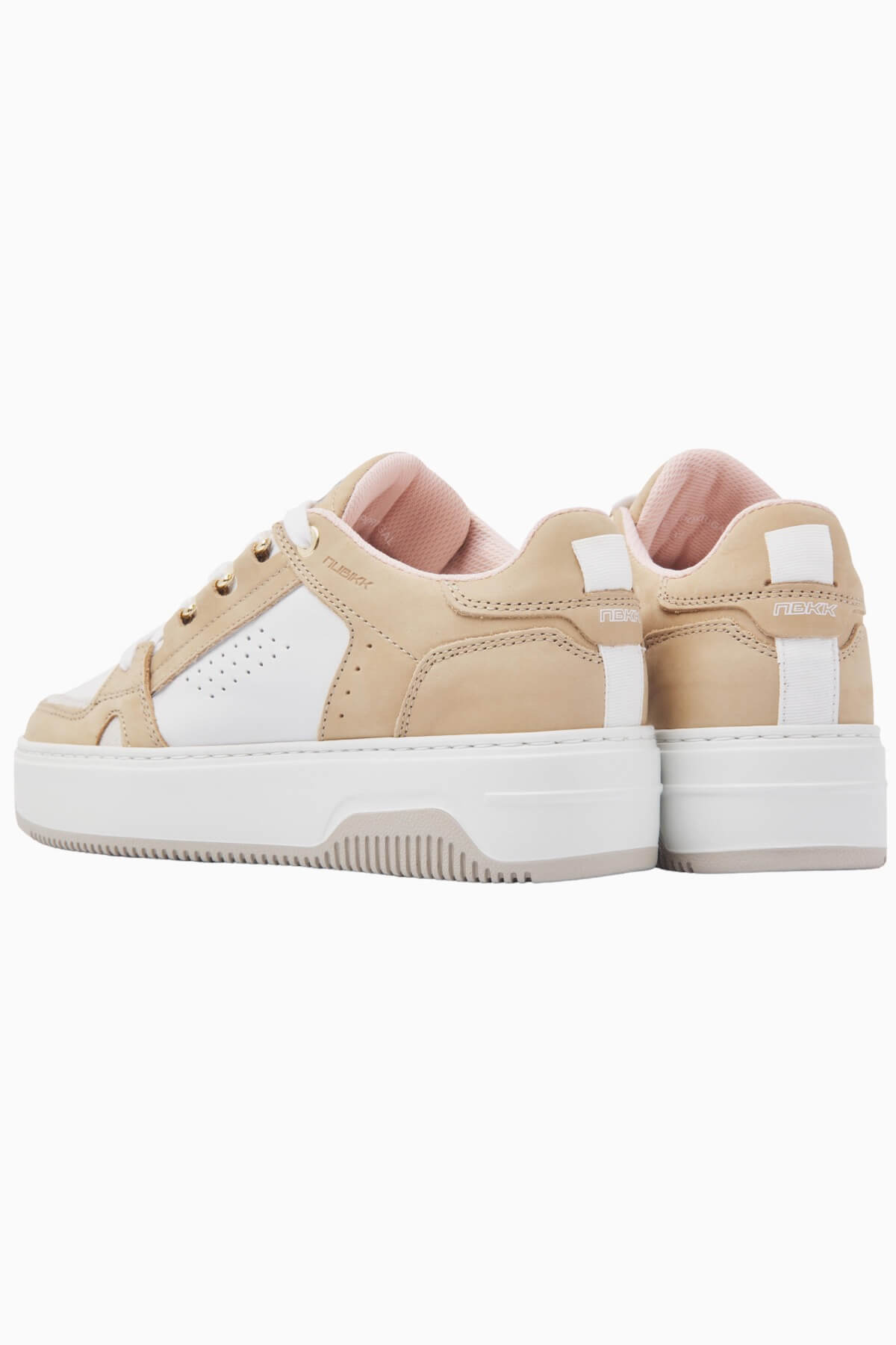Nubikk Buxton Basket sand sneaker from the back, showing the heel and blush-pink lining.