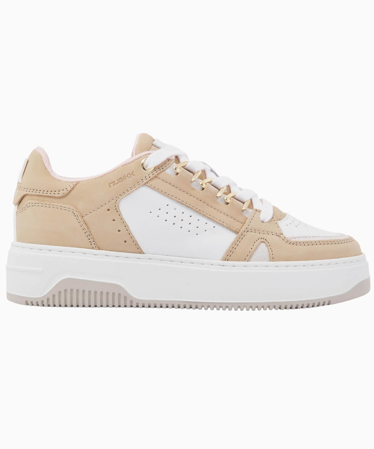 Nubikk Buxton Basket low-top sneaker in sand nubuck and white leather with golden eyelets, side profile.