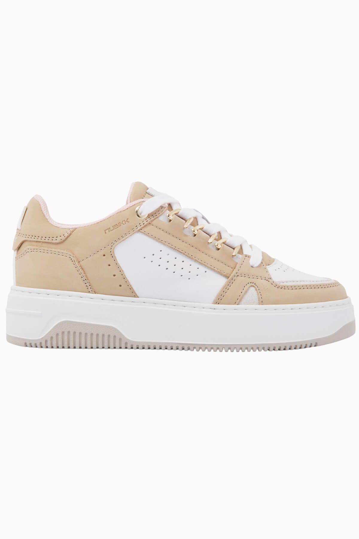 Nubikk Buxton Basket low-top sneaker in sand nubuck and white leather with golden eyelets, side profile.