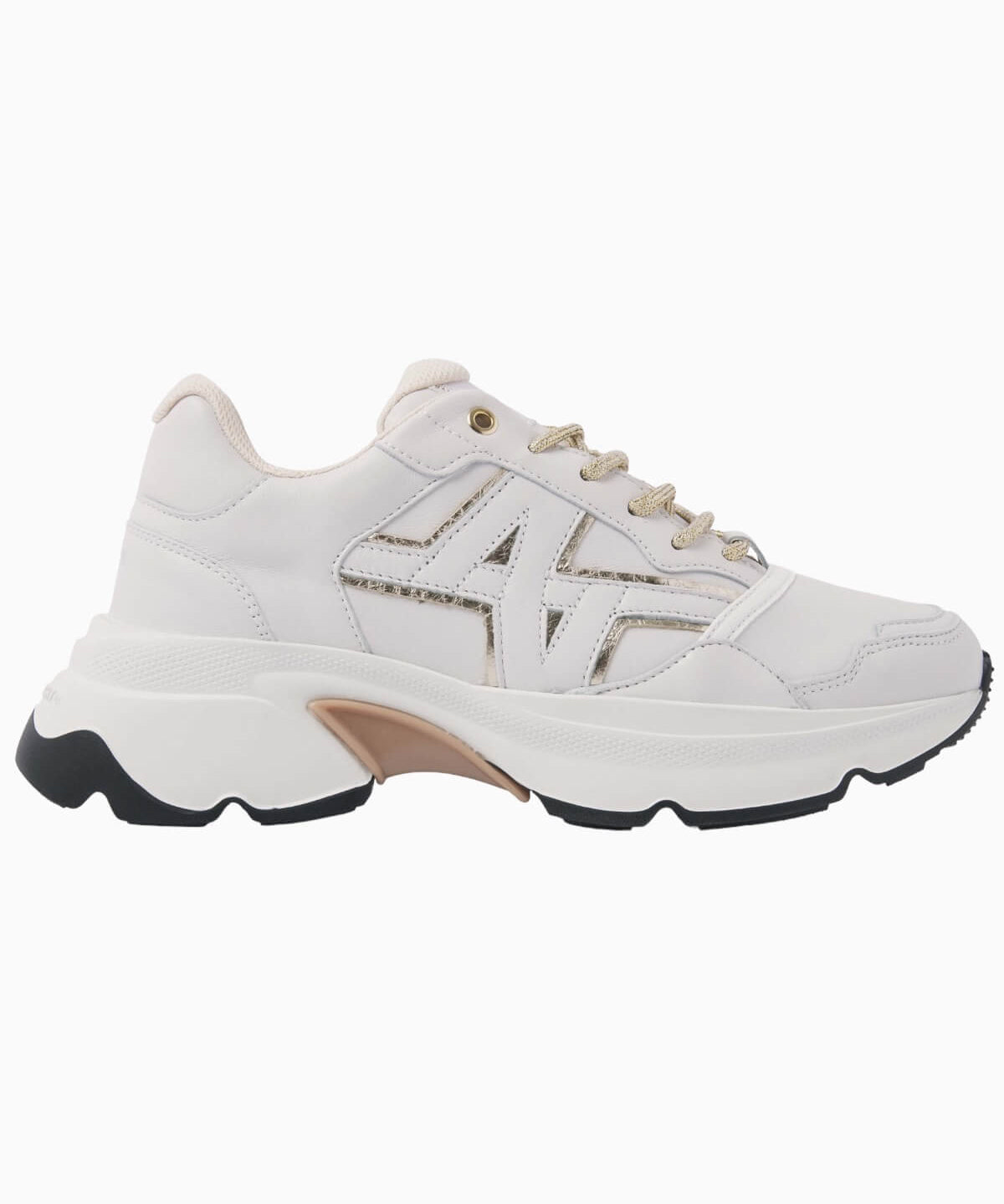 Nubikk Ross Trek chunky sneaker in white leather with gold accents and a chunky sole, side profile.